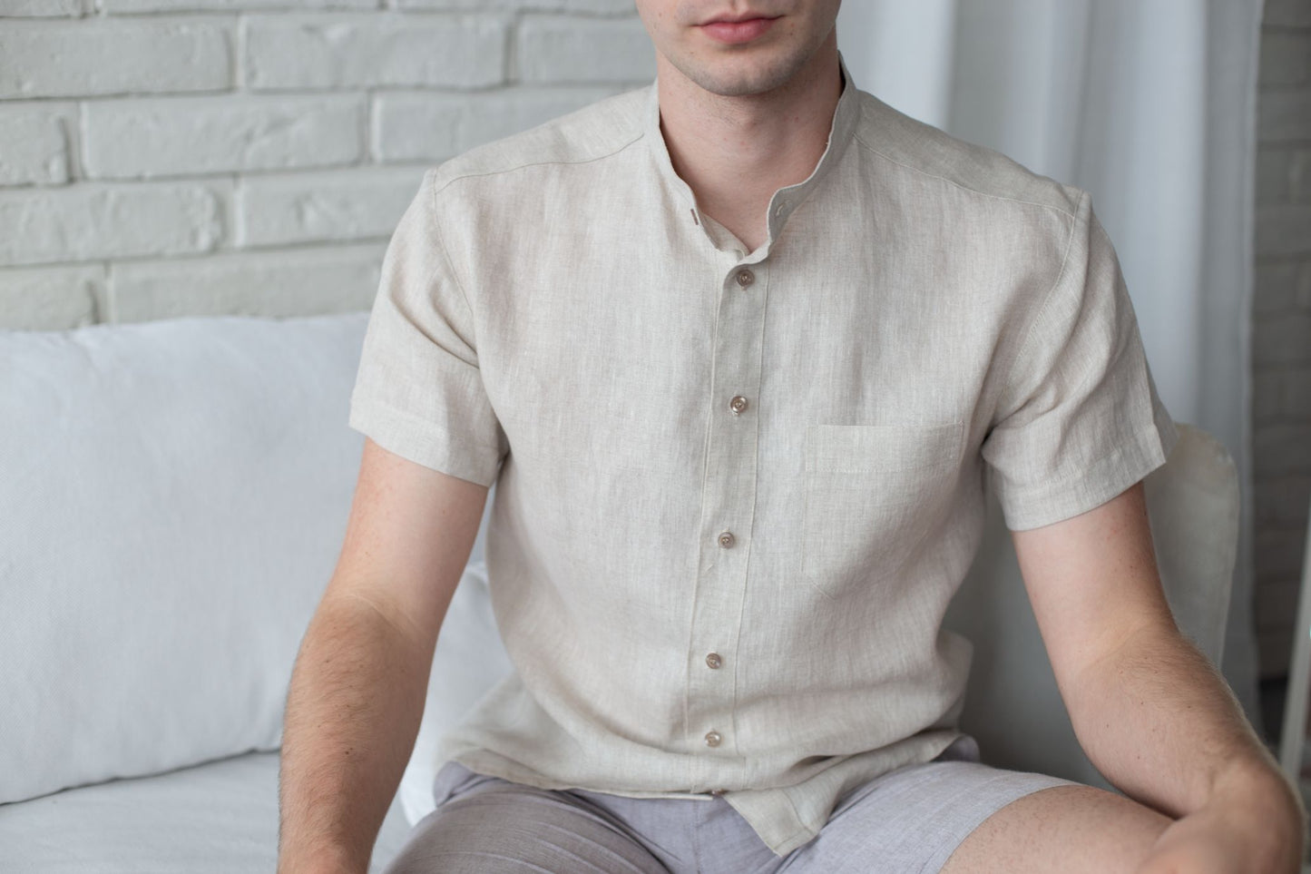 1220 - beige short-sleeved shirt with stand-up collar