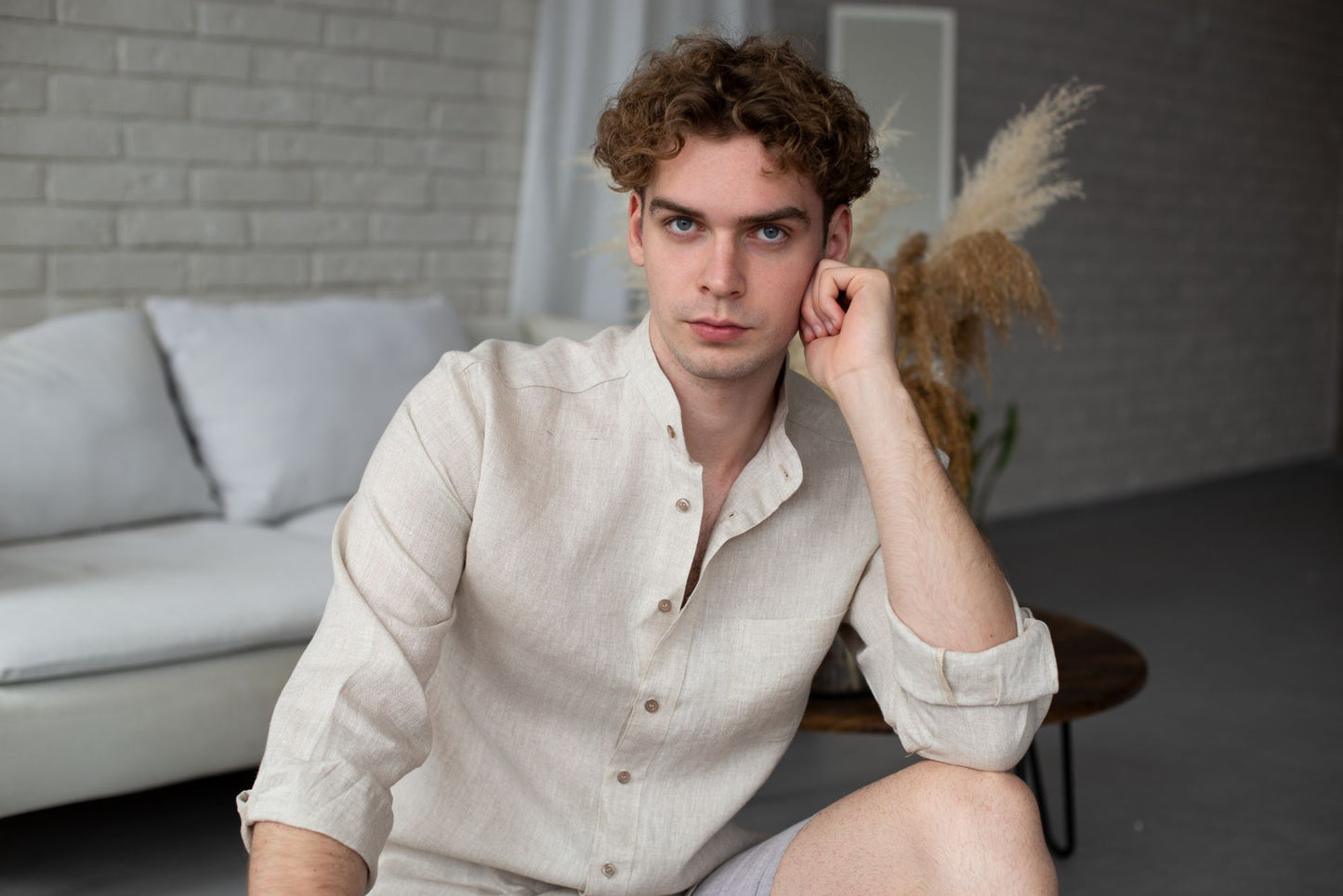 1221 - beige long-sleeved shirt with stand-up collar