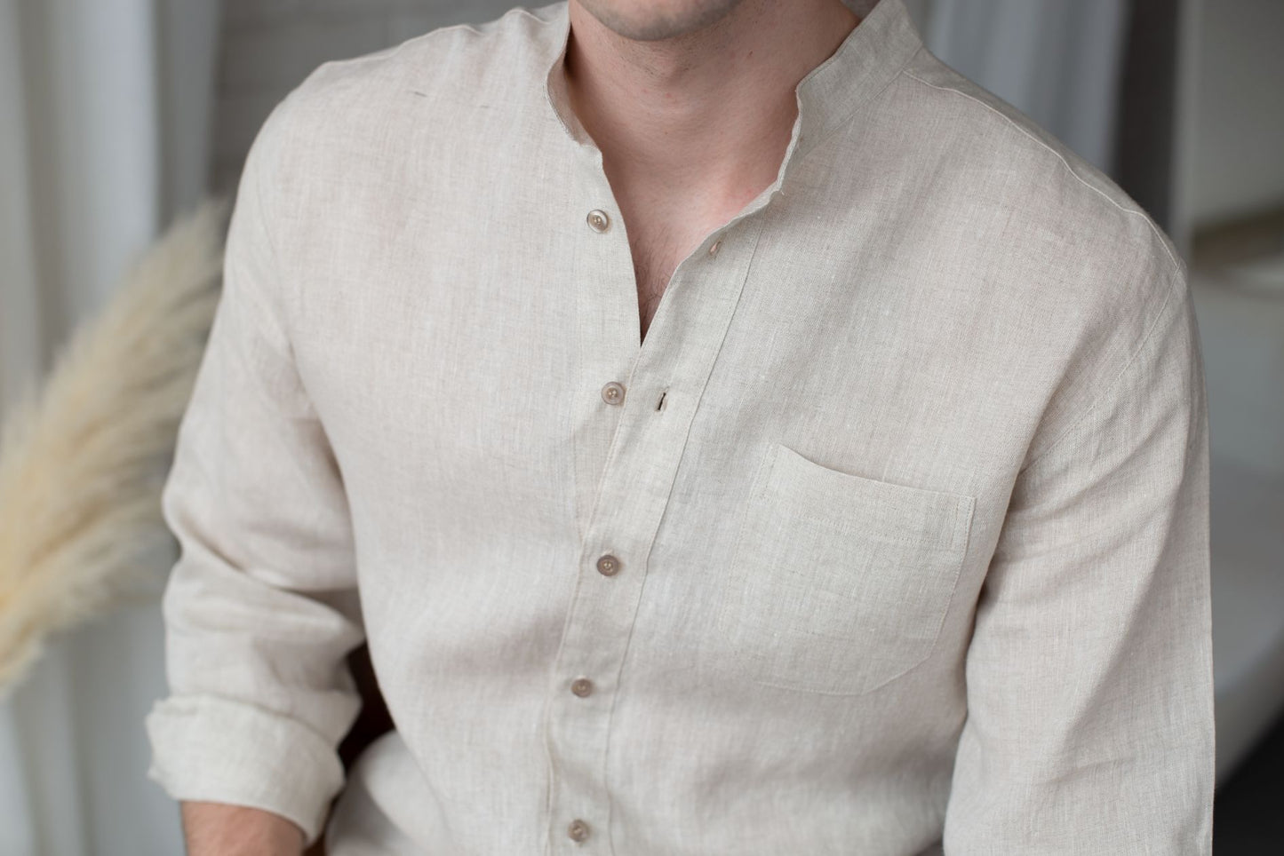 1221 - beige long-sleeved shirt with stand-up collar