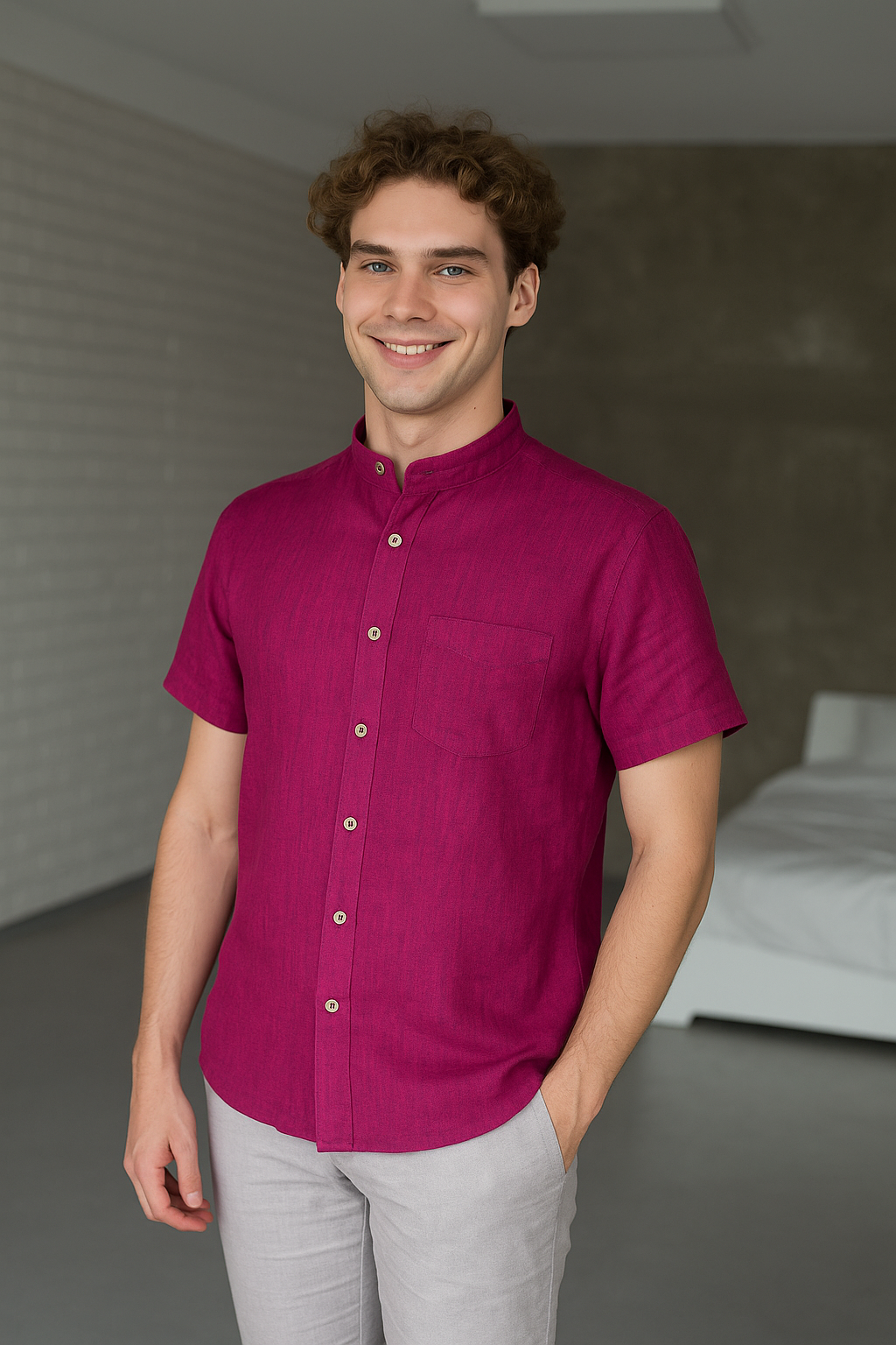 1239 - burgundy short-sleeved shirt with stand-up collar