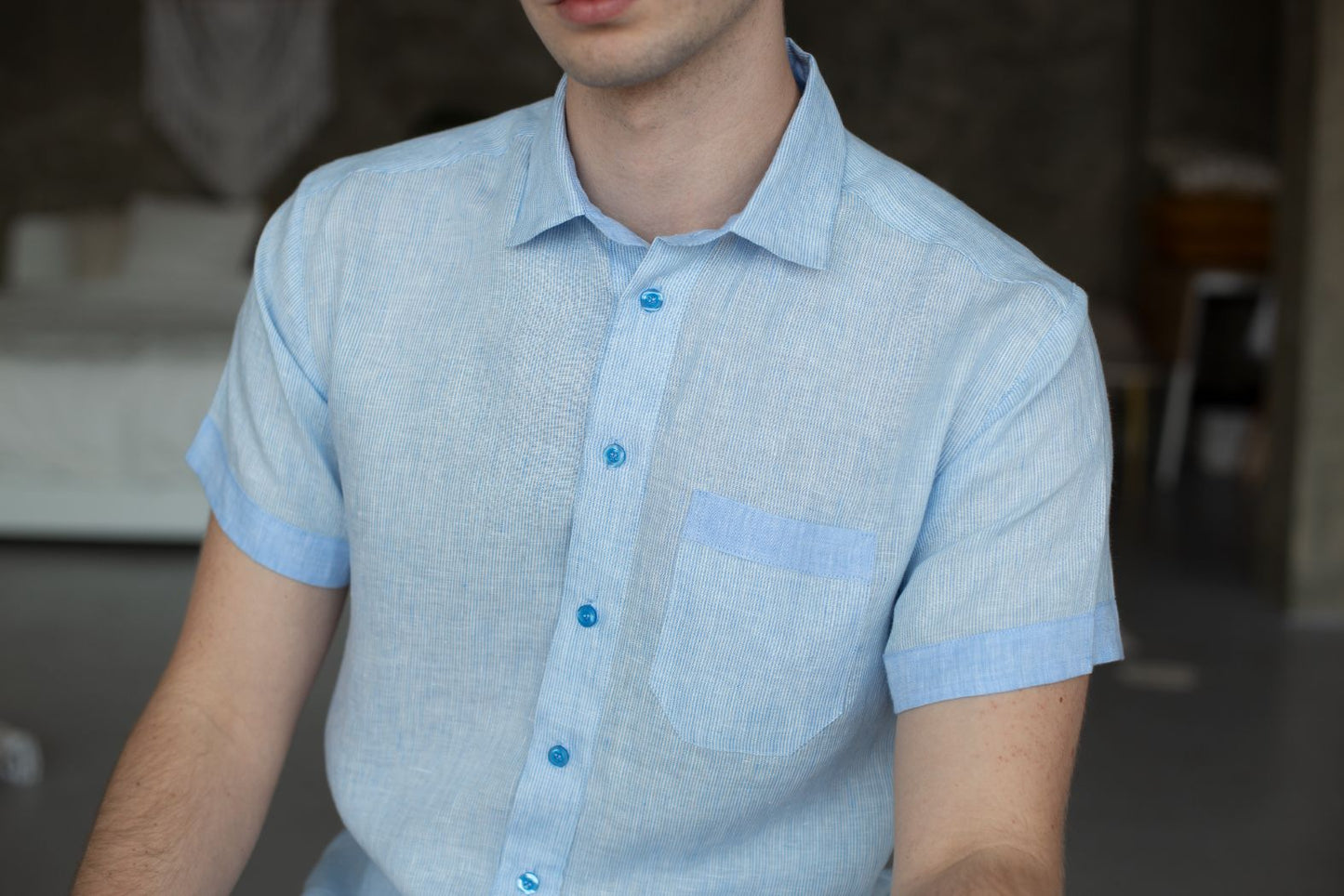 1240 - blue striped short-sleeved shirt with classic collar