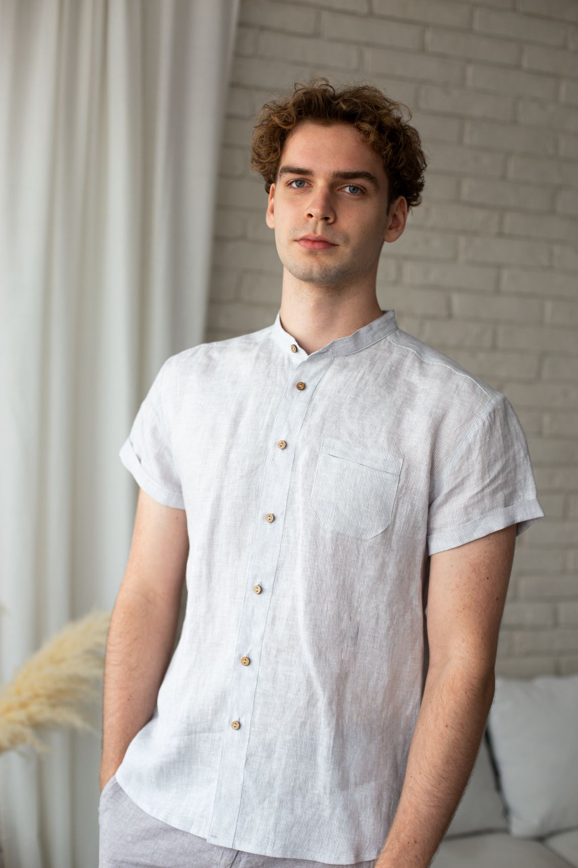 1243 - gray striped short-sleeved shirt with stand-up collar