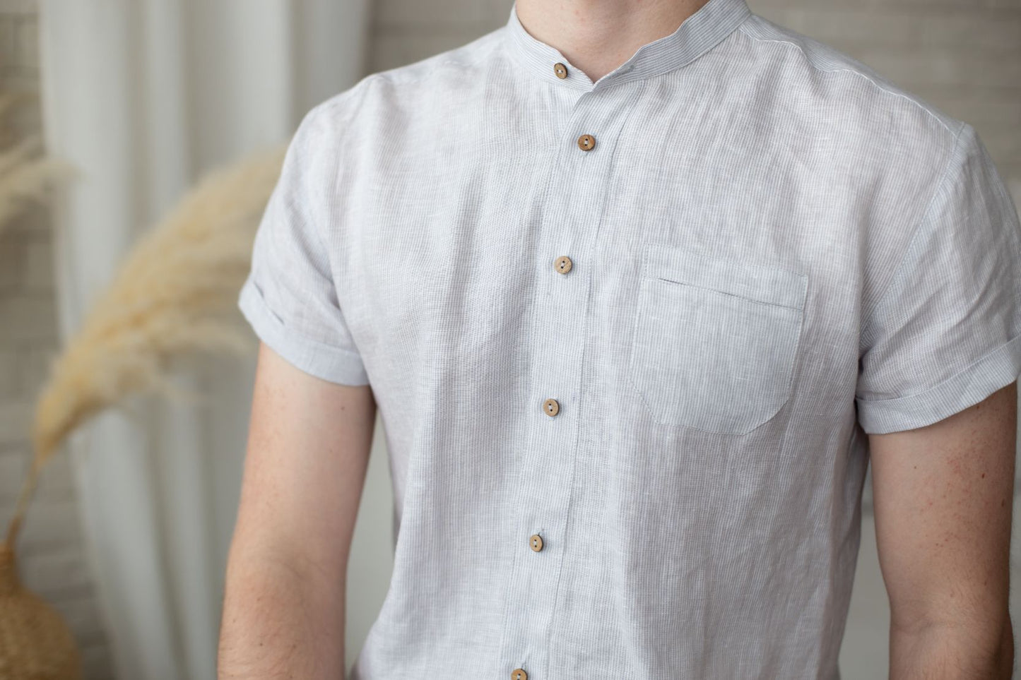 1243 - gray striped short-sleeved shirt with stand-up collar