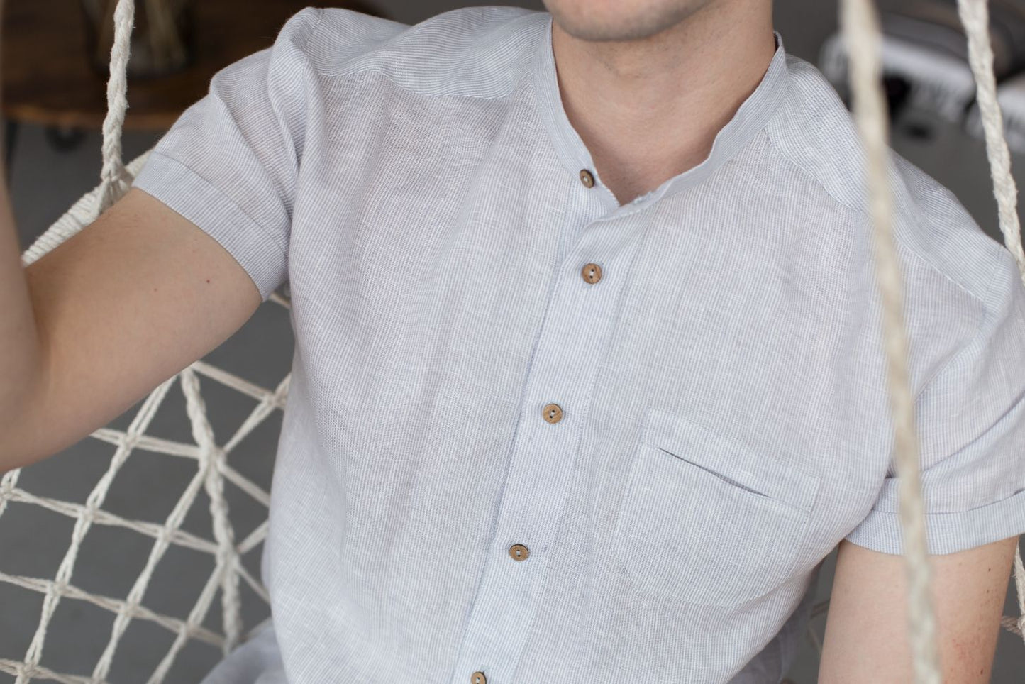 1243 - gray striped short-sleeved shirt with stand-up collar