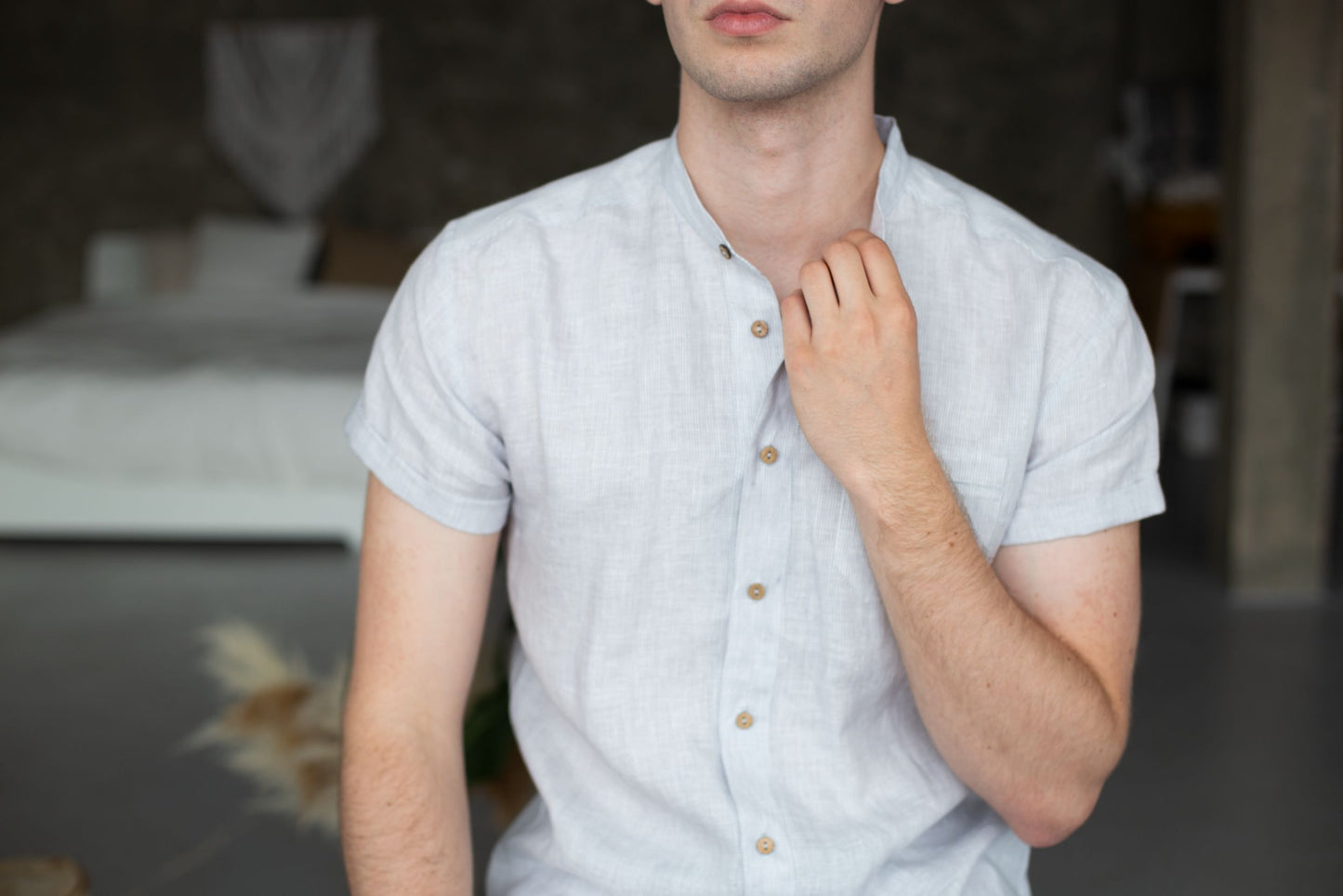 1243 - gray striped short-sleeved shirt with stand-up collar