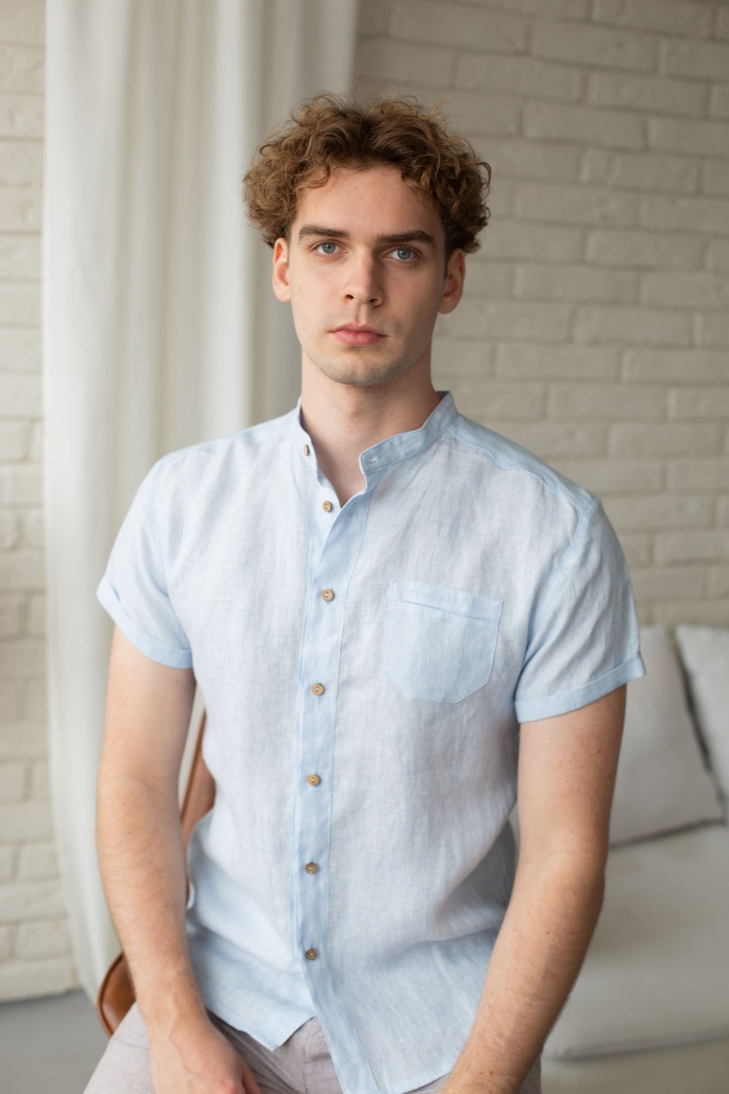 1244 - blue striped short-sleeved shirt with stand-up collar